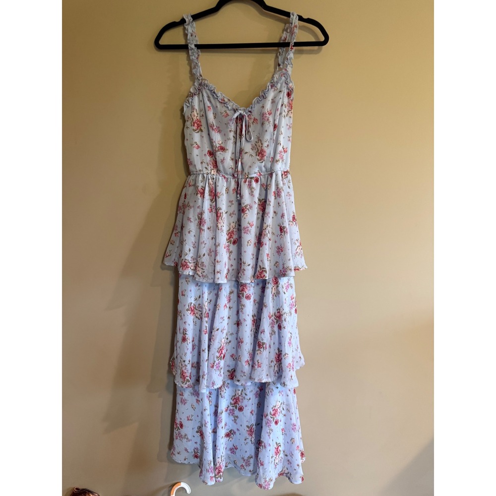 Mi Ami for Francescas Blue Floral Tiered Maxi Dress Ruffle Smocked Back Small